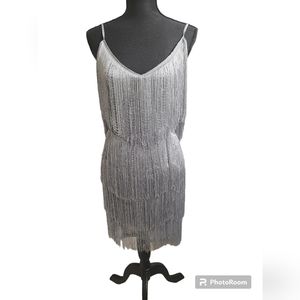 Lulus Get in the Groove Sequin Fringe Minidress || silver fringe bodycon dress